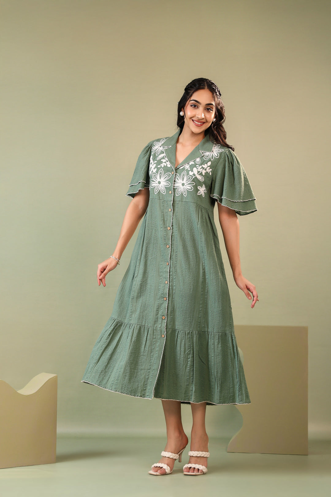 Purna sage Embroidery cotton dress