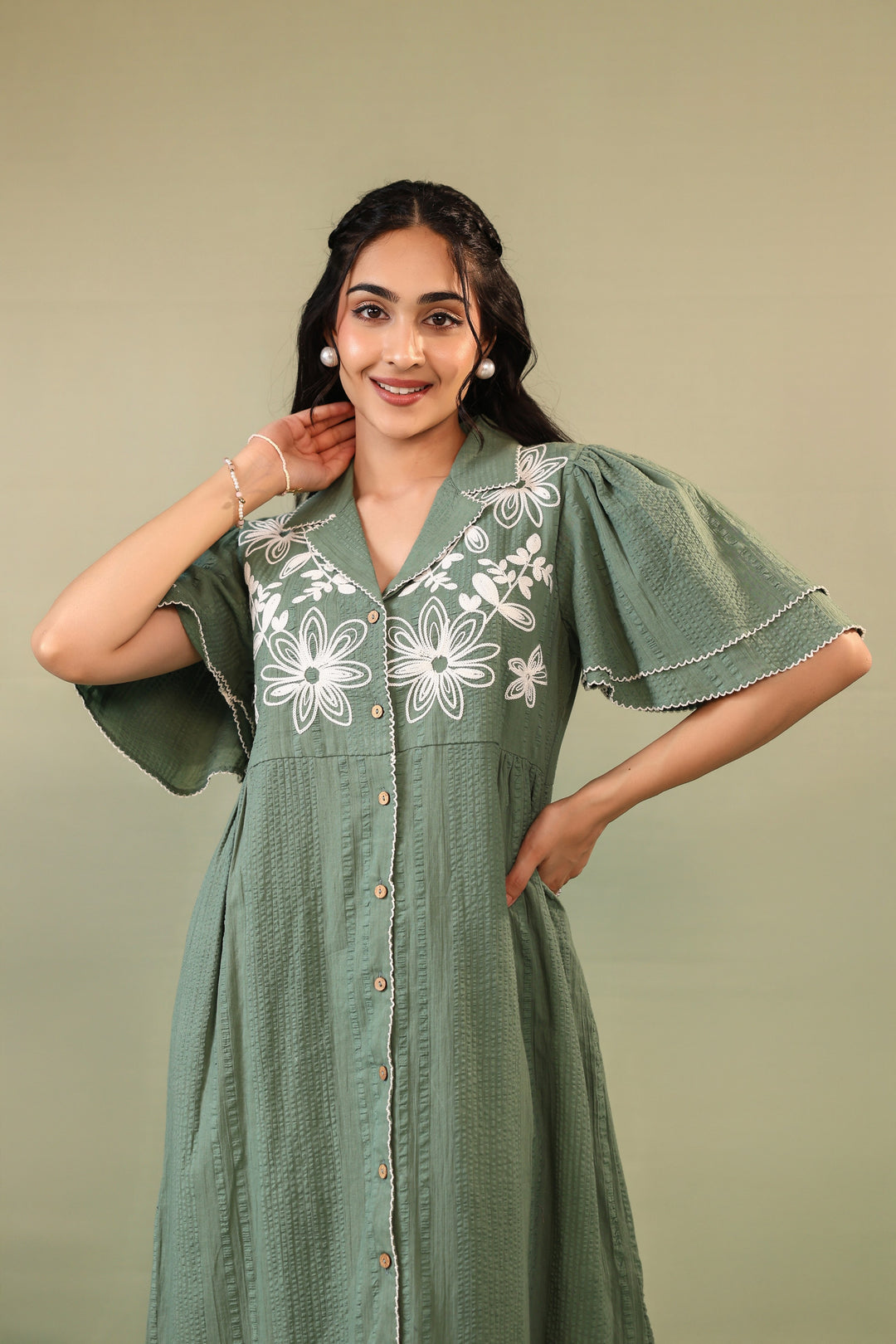 Purna sage Embroidery cotton dress