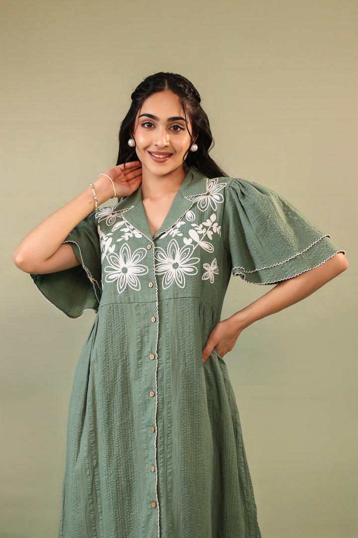 Purna sage Embroidery cotton dress