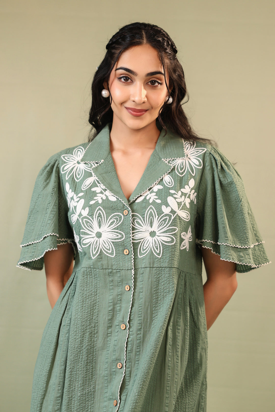 Purna sage Embroidery cotton dress
