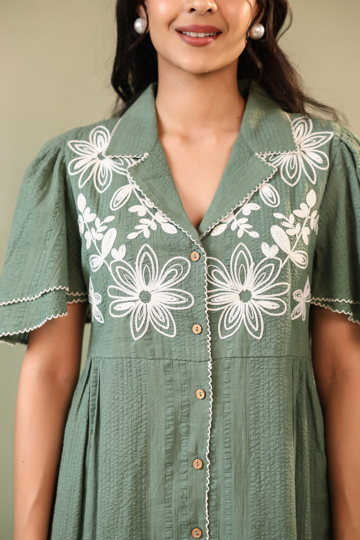 Purna sage Embroidery cotton dress
