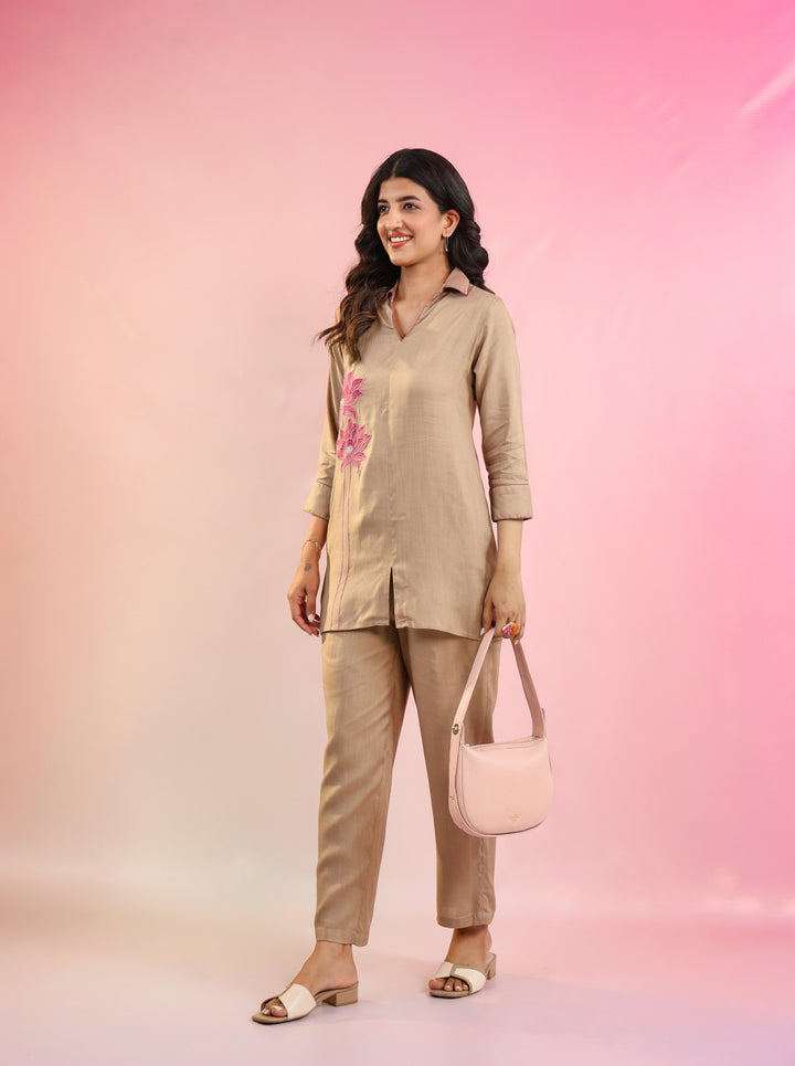 Raftar coffee embroidery cotton co-ord set