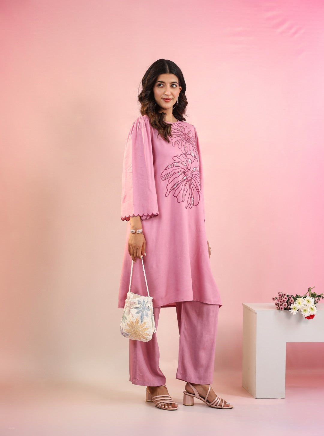 Raftar Flamingo Embroidery Cotton Kurta Pant Set