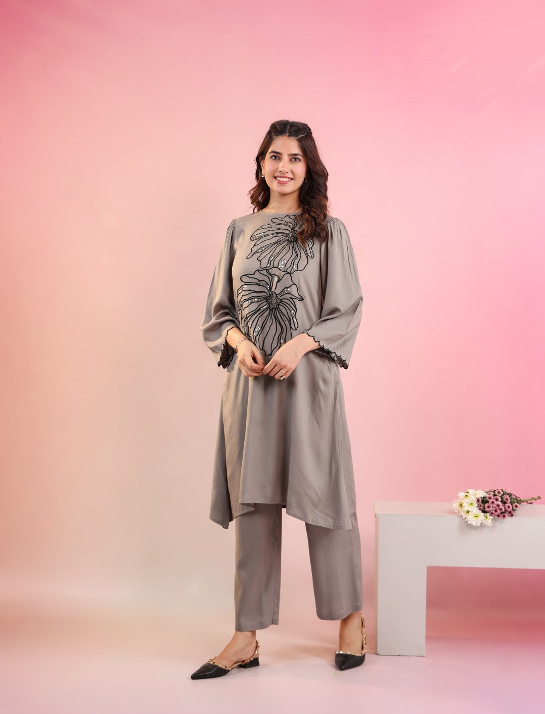 Raftar Slate Embroidery Cotton Kurta Pat set