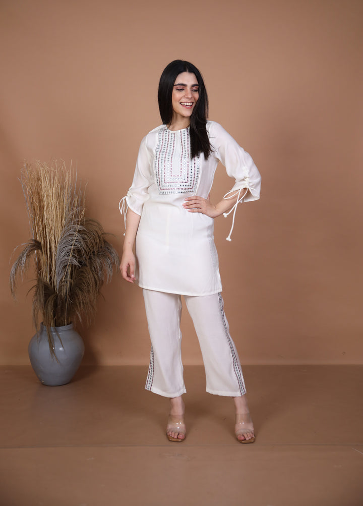 Lama White Embroidered Co-ord Set