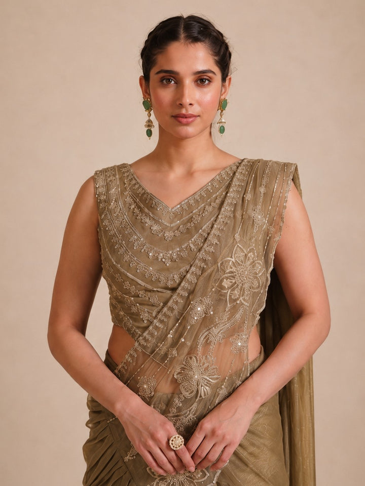 Alpa Caramel Full Work Ready Drape Saree