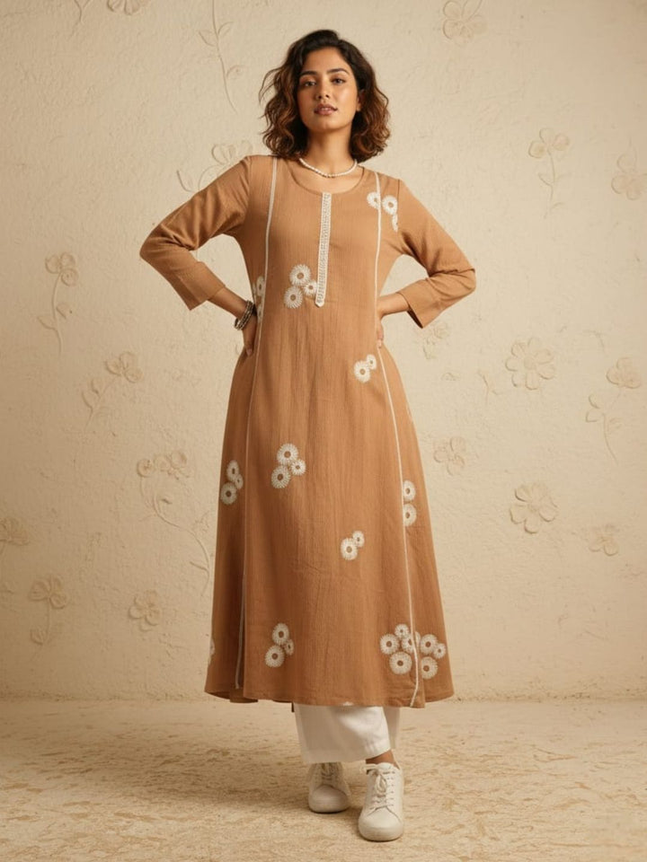 Swades tan cotton embroidery kurta