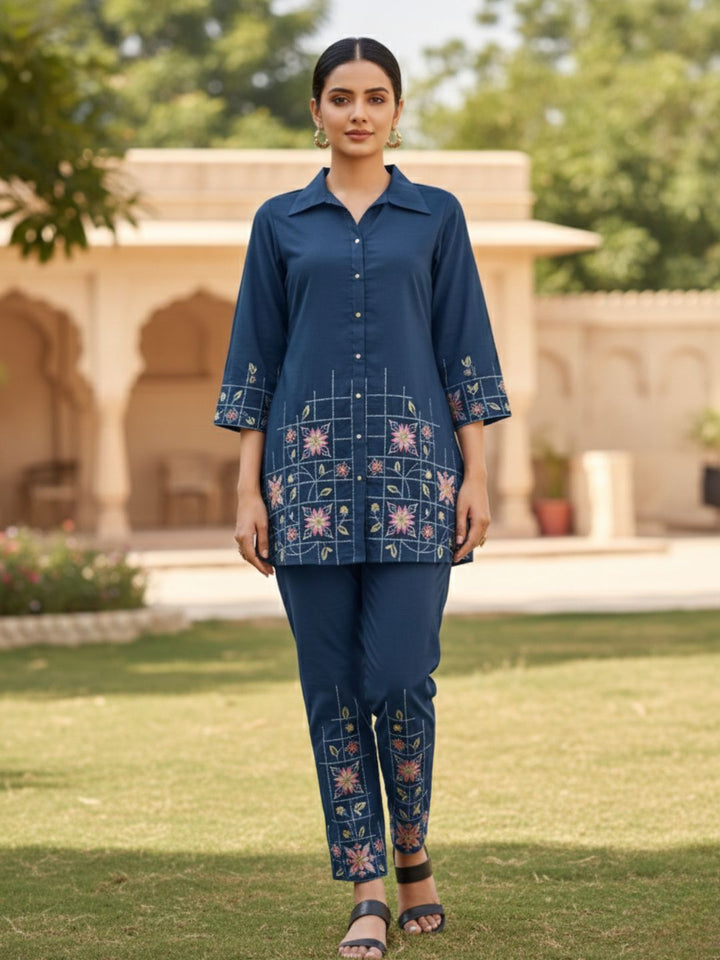 Eden navy embroidered co-ord set