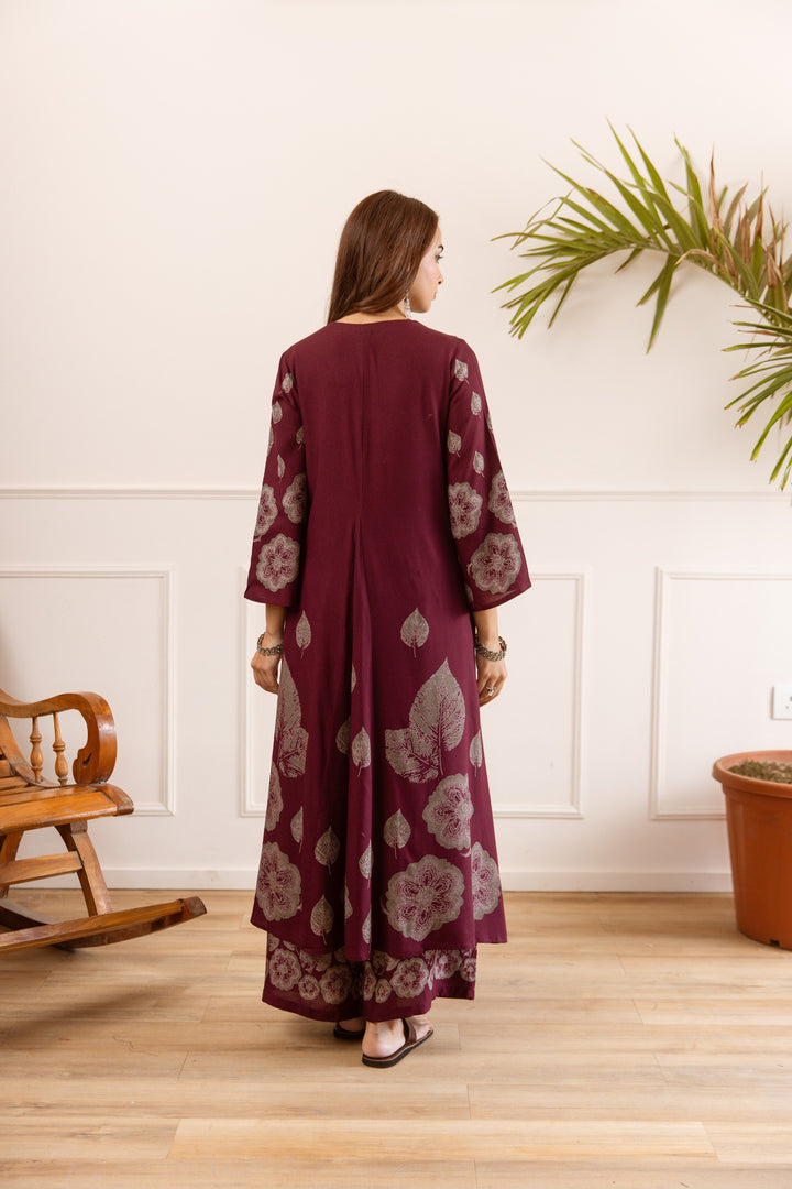 Karen berry wine printed cotton kurta pant set