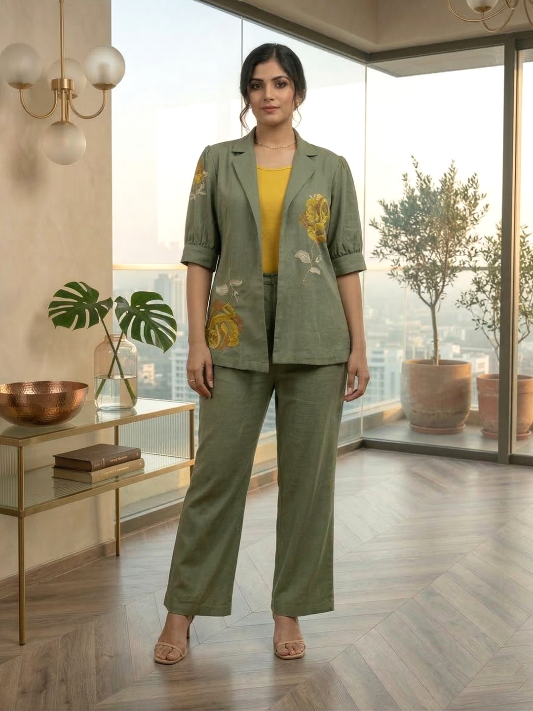 Drona moss embroidery cotton 3 pc co-ord set