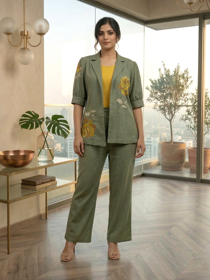 Drona moss embroidery cotton 3 pc co-ord set