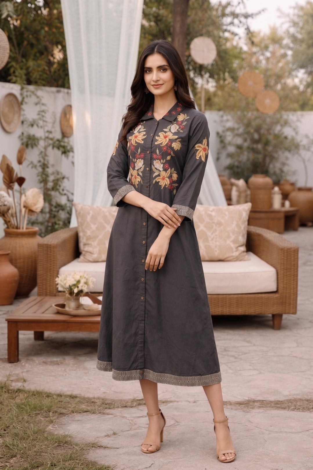 Slopi slate emboidery Cotton Dress