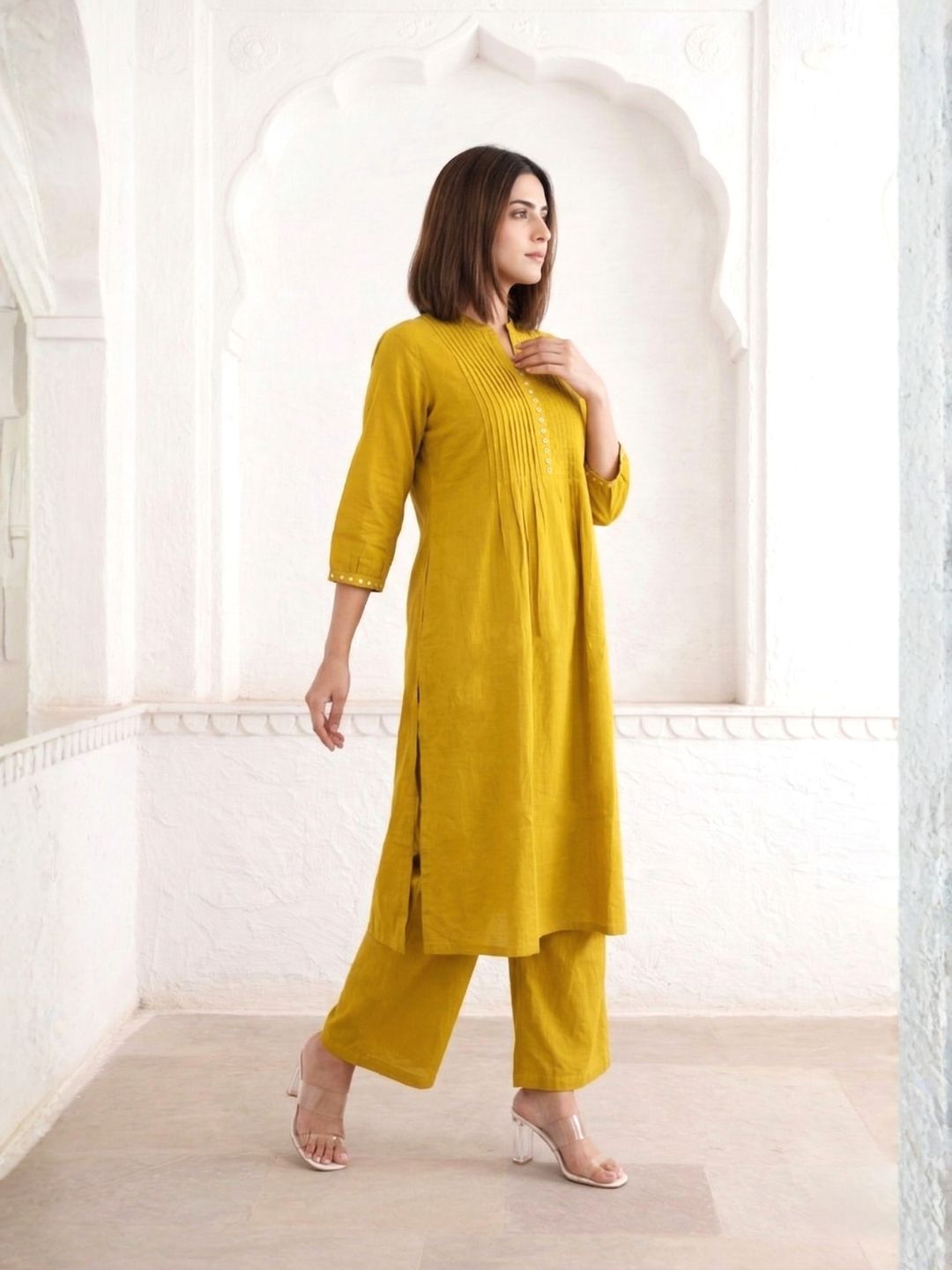 Sarika Gold Cotton Work Kurta Pant Set