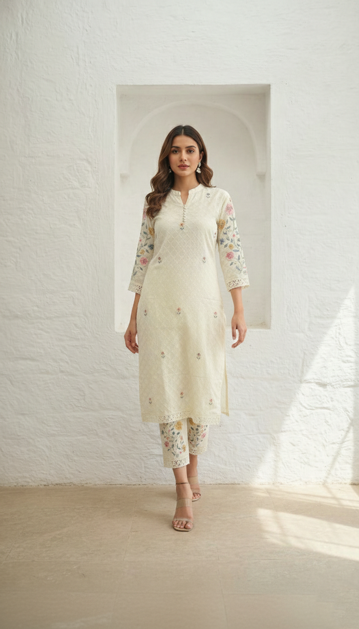 Kirti Mist Cotton Embroidered Suit Set