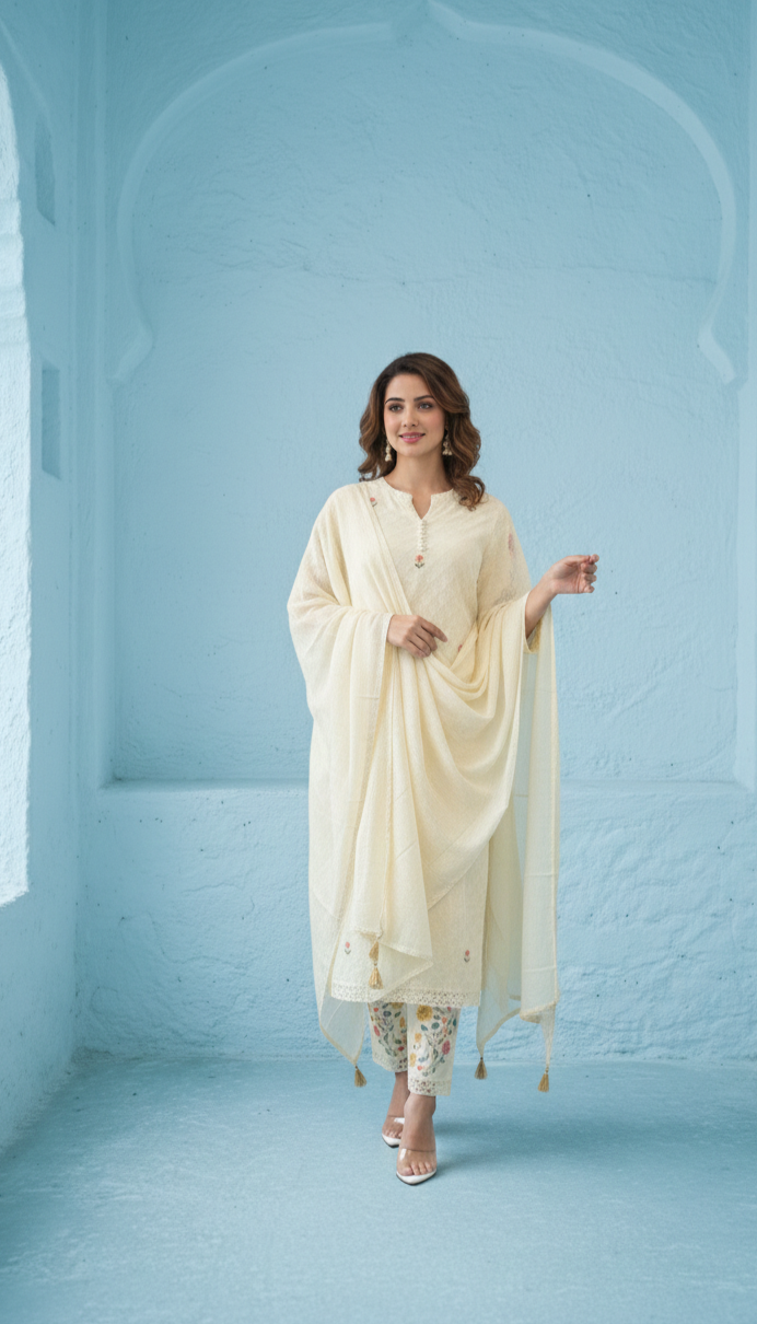 Kirti Mist Cotton Embroidered Suit Set