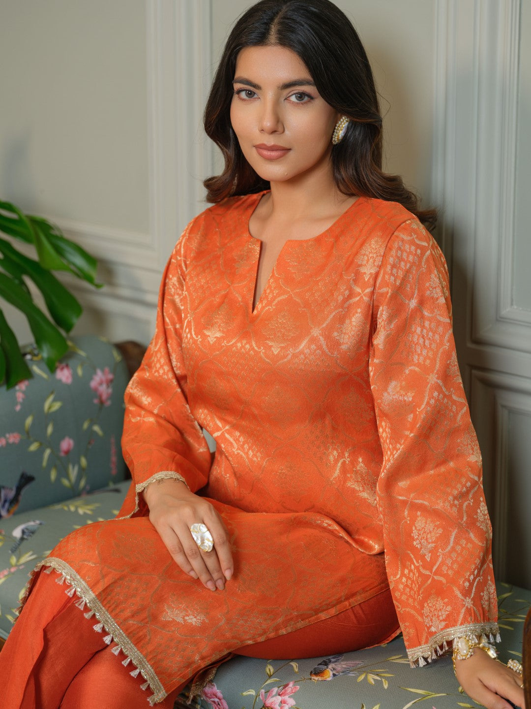 Palash Tangerine Jacquard Top Co-ord Set