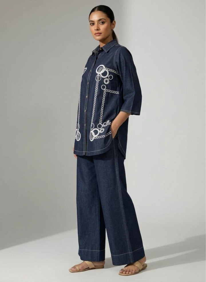 Prisha sapphire embroidery denim co-ord set