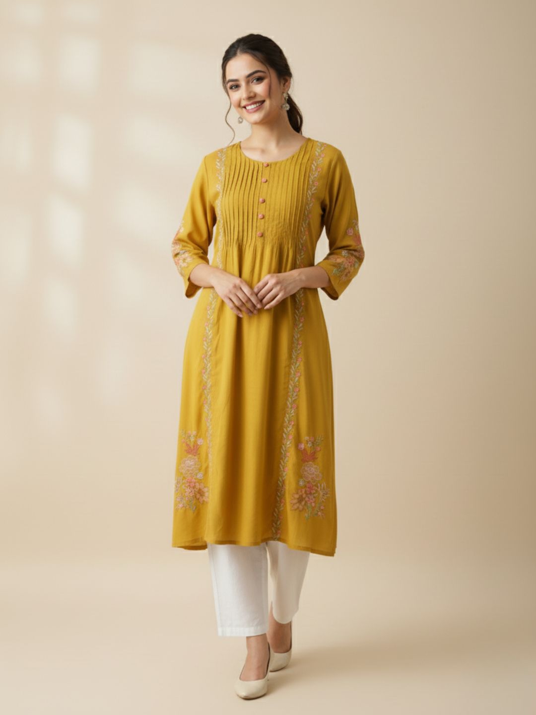 Sarvari Mustard Embroidered Kurti