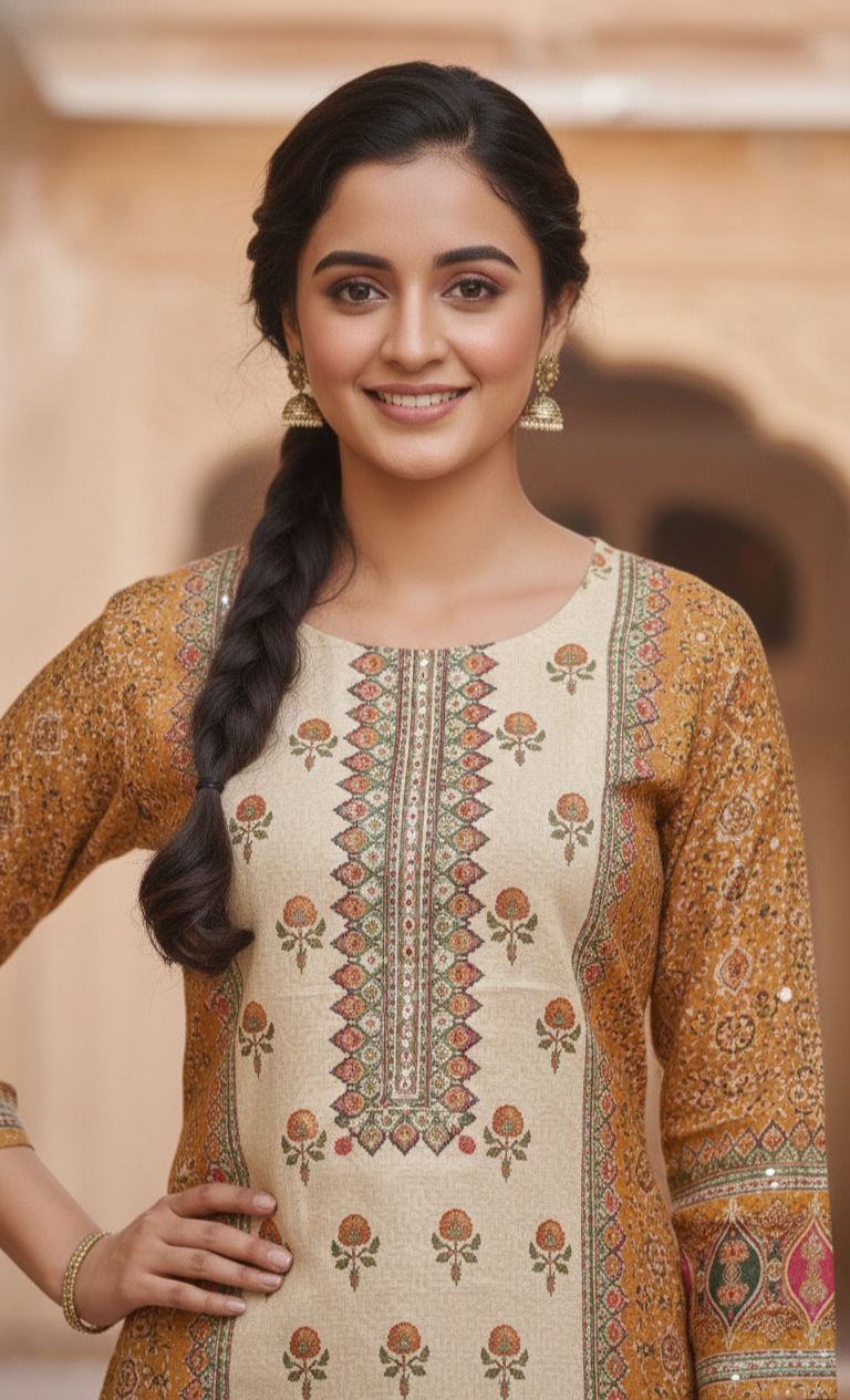 Shanti Mustard Printed Suit set