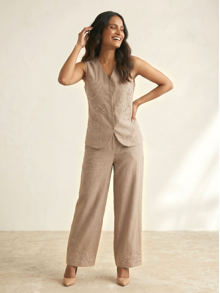 Mihika Hazelnut embroidery waist coat pant set