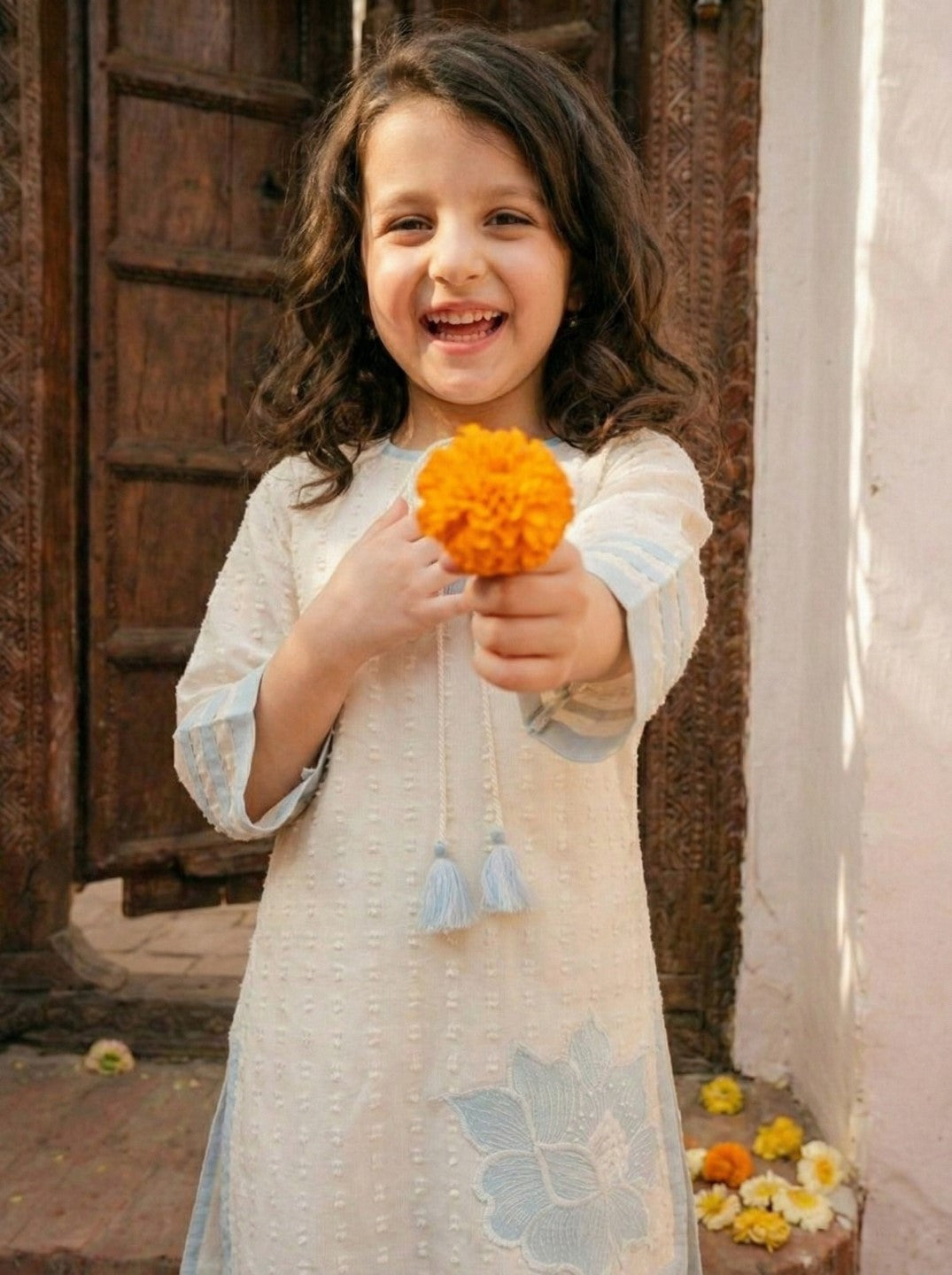 Joy pearl embroidery kids kurta pant set