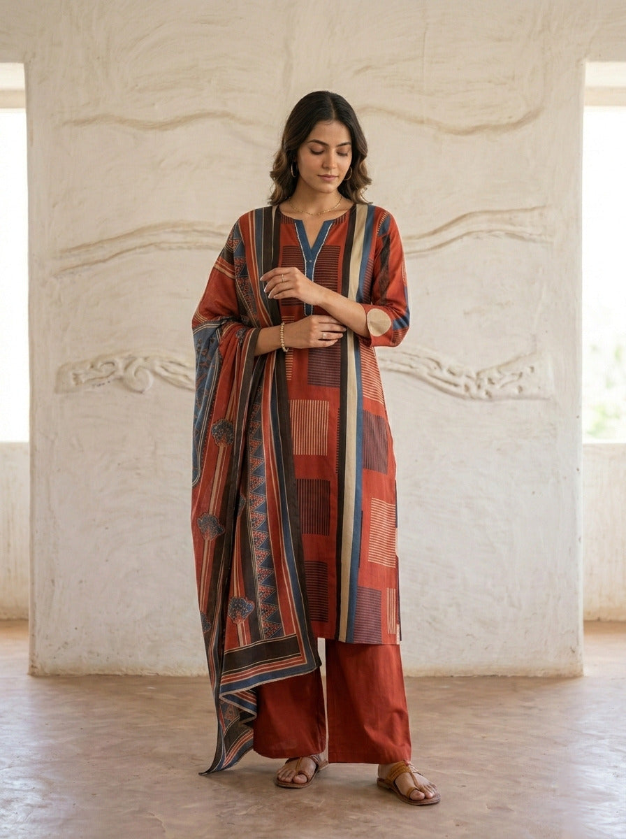 Swades garnet cotton printed suit set