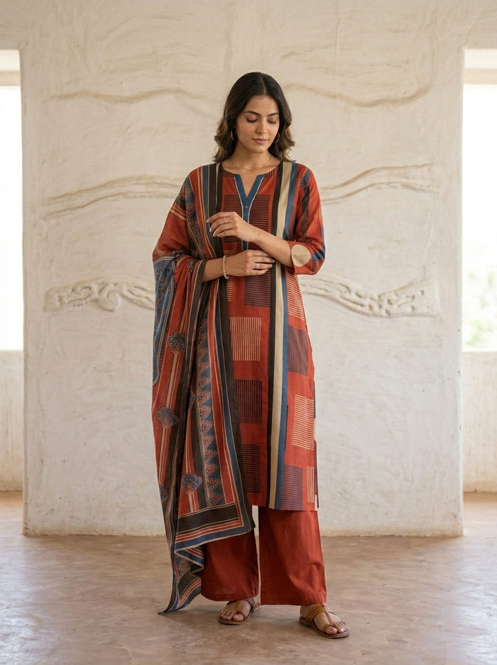Swades garnet cotton printed suit set