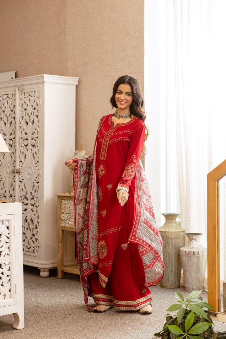 Karen Crimson Embroidery Cotton Suit set