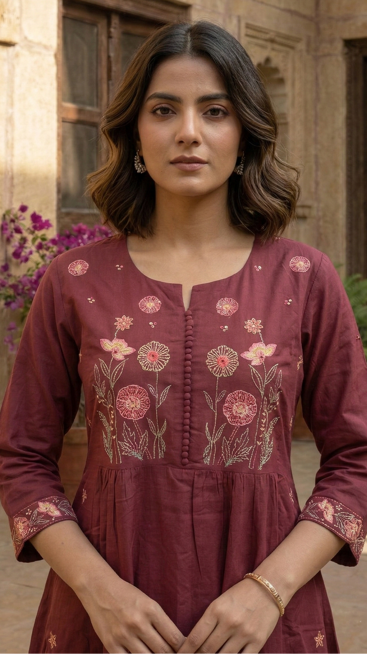 Chandri Salmon Embroidered Kurta Pant Set