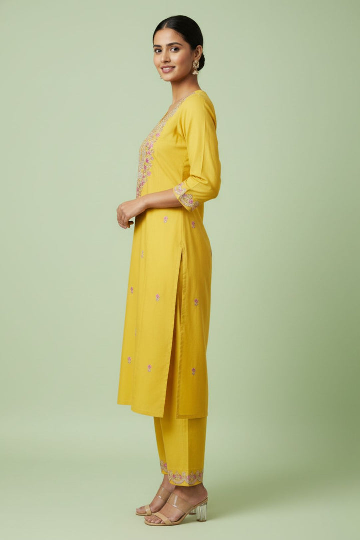 Ira Mustard Embroidered kurta pant set