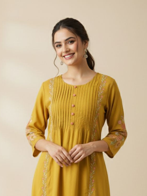 Sarvari Mustard Embroidered Kurti