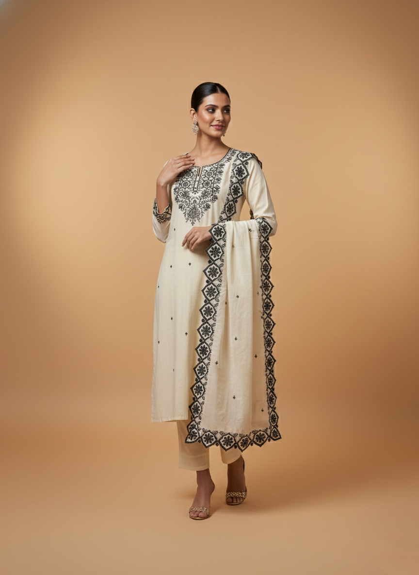 Hardik monochrome embroidery cotton suit set