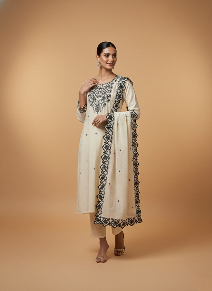 Hardik monochrome embroidery cotton suit set