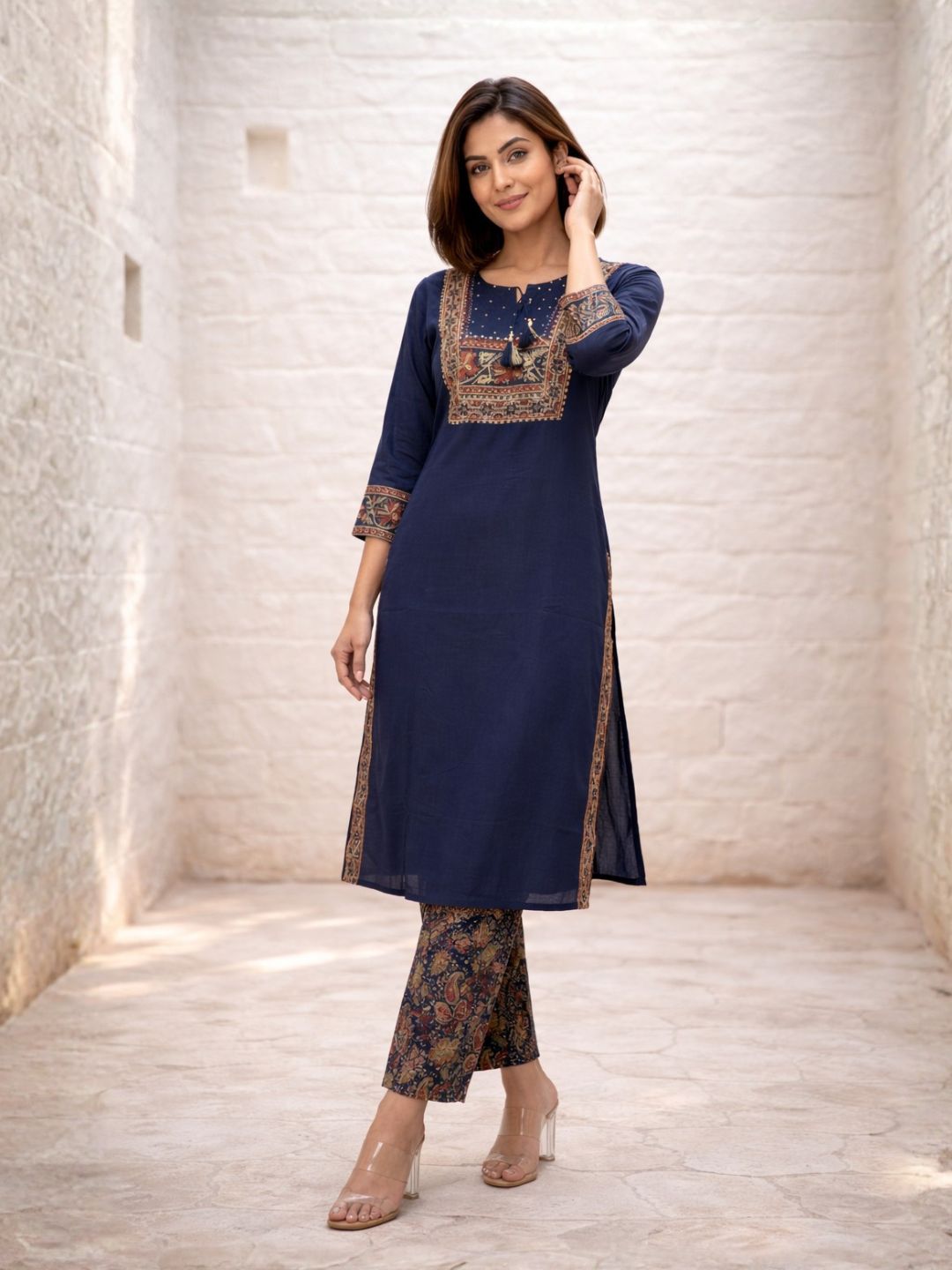 Vairagi Indi Printed Work Cotton Kurta Pant Set