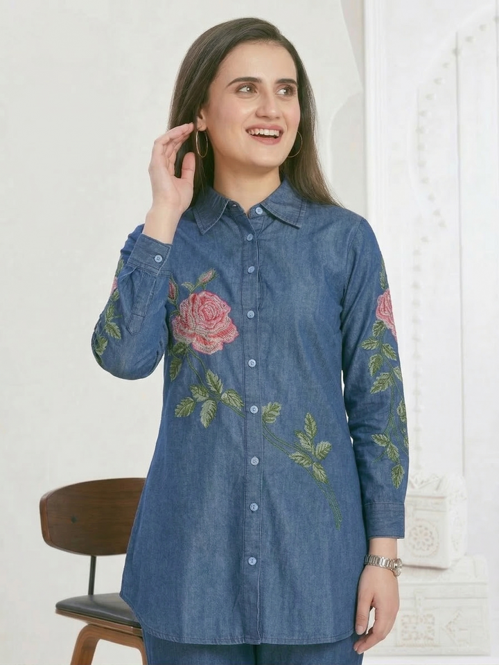 Kipling rose embroidery denim co-ord set
