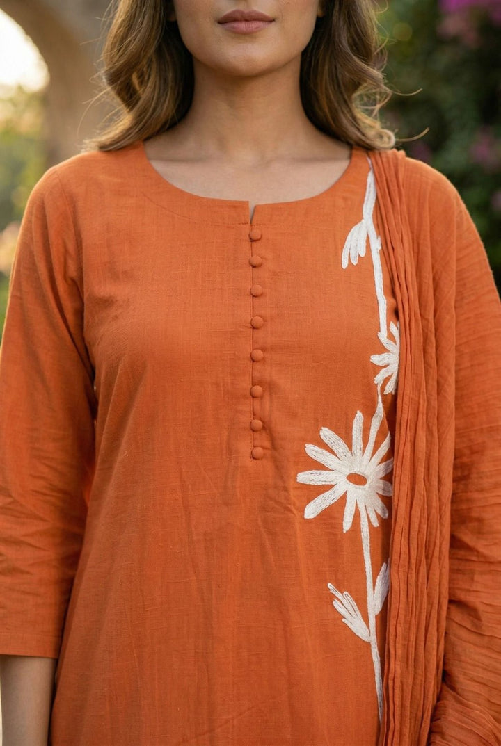 Tanu tangerine cotton embroidery suit set