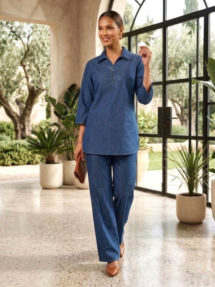 Prisha aero embroidery denim co-ord set