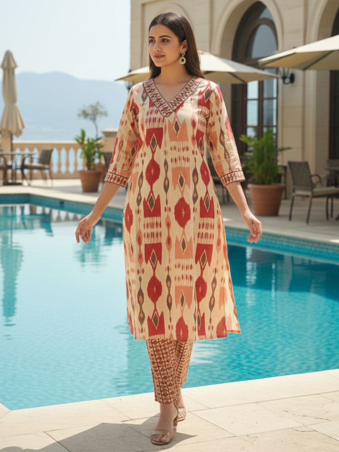 SASHA CORAL PRINTED KURTA PANT SET