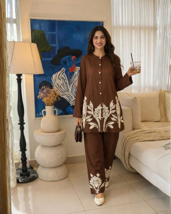 Lipi Caramel Embroidery Cotton Co-ord Set
