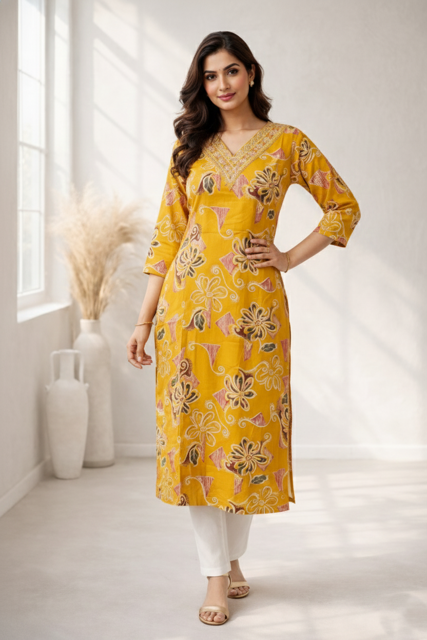 Barnali Mustard Printed Work Kurti