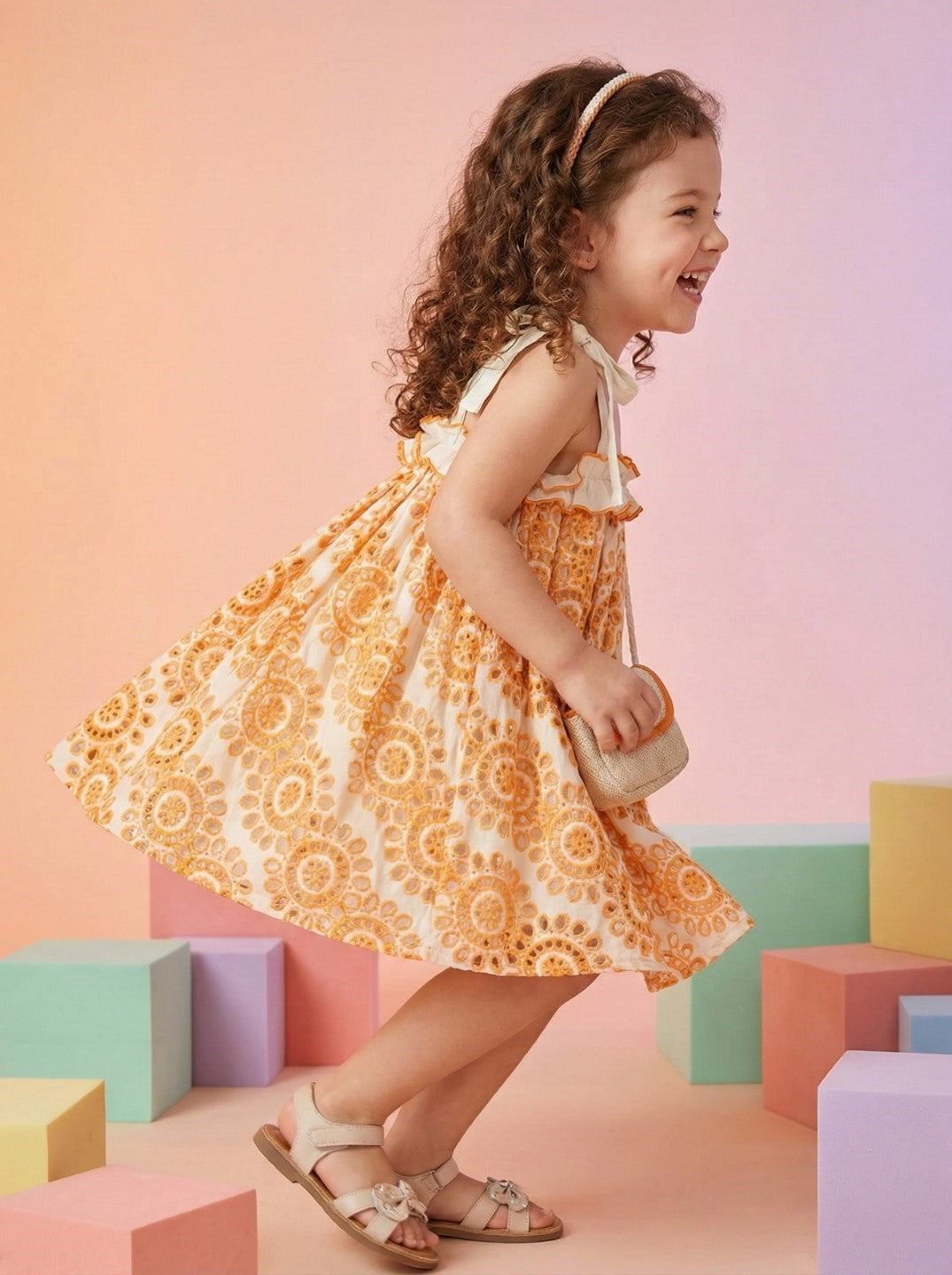 Joy coral schiffli cotton kids dress