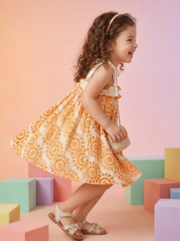 Joy coral schiffli cotton kids dress