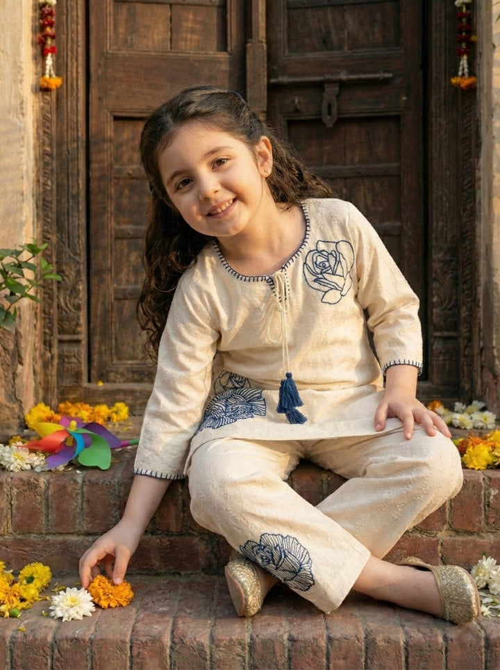 Joy vanilla embroidery kids cotton kurta set