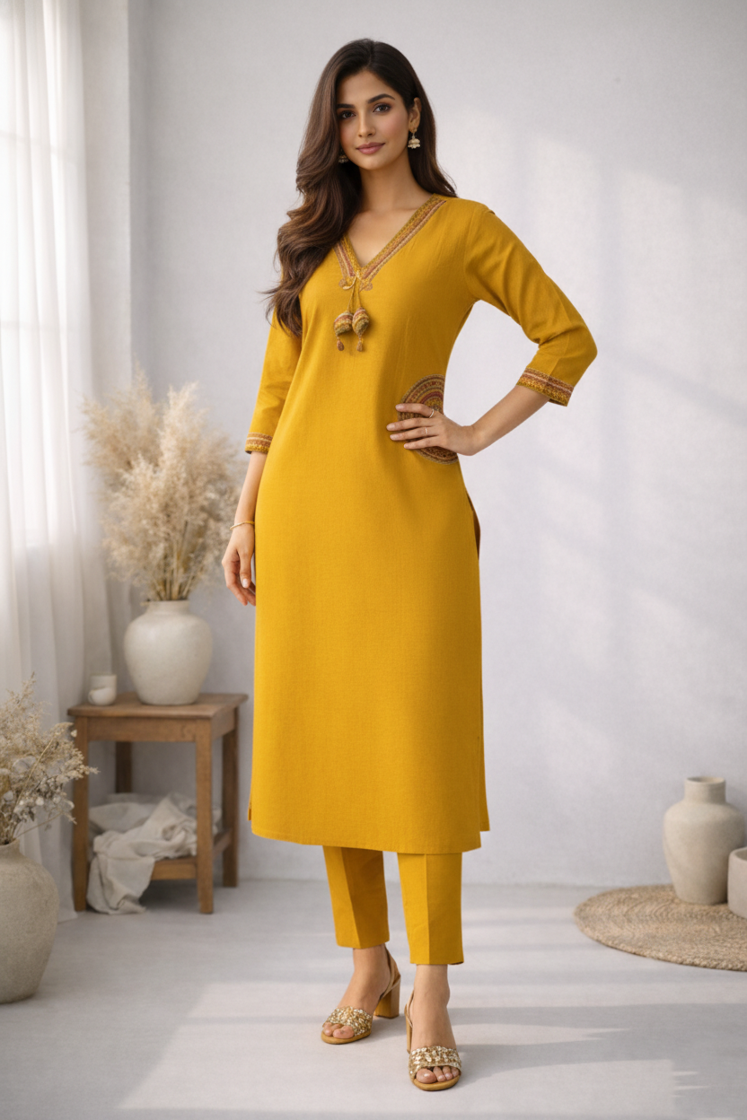 Rushali Mustard Embroidered Kurta Pant Set