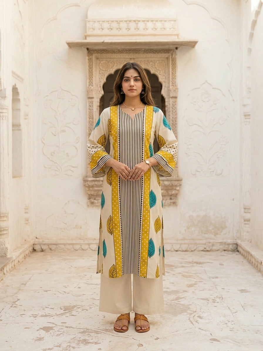 Virosh canary printed cotton kurta pant set