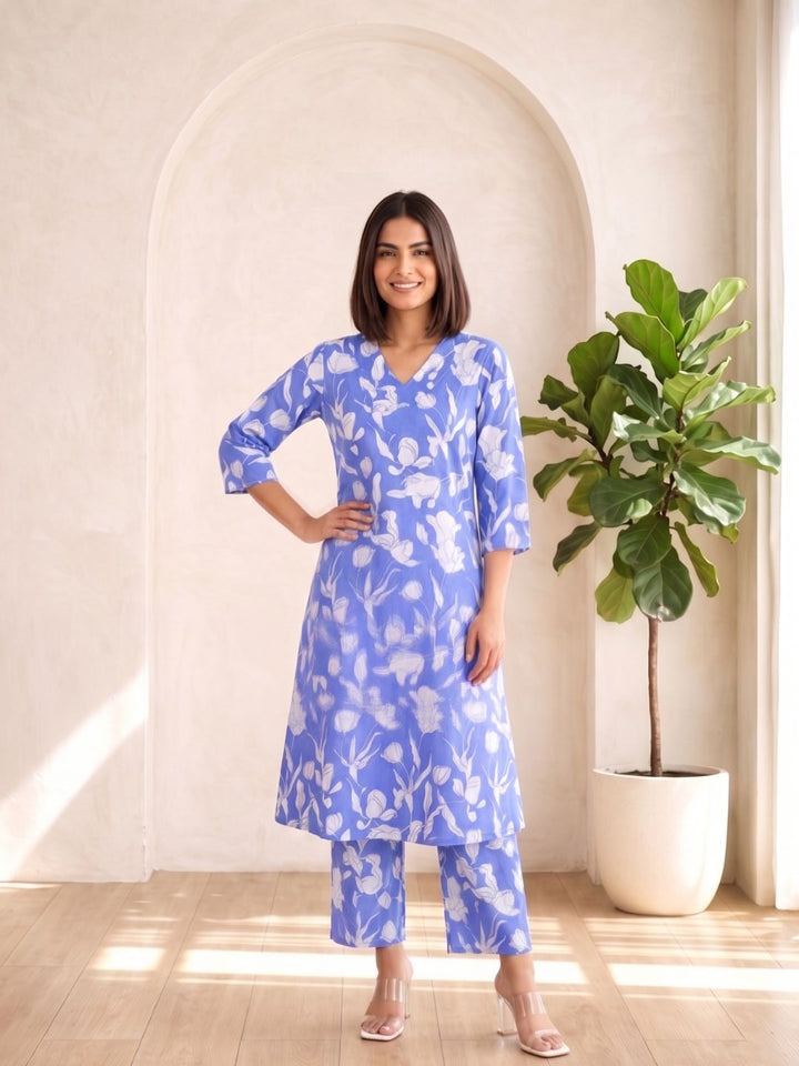 SASHA OCEAN PRINTED COTTON KURTA PANT SET