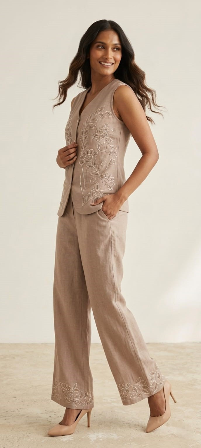 Mihika Hazelnut embroidery waist coat pant set