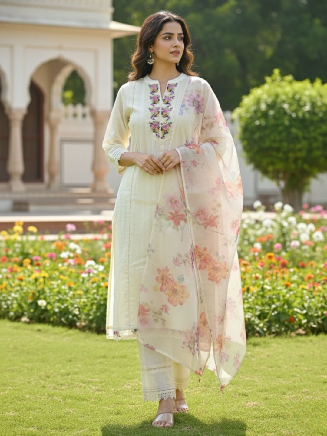 Shabnam Cream Full Work Suit Set with Floral Organza Dupatta