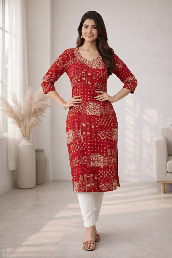 Barnali Carmine Printed Work Kurti