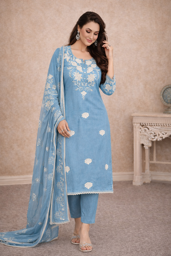 Bahara Softblue Printed Embroidered Suit Set